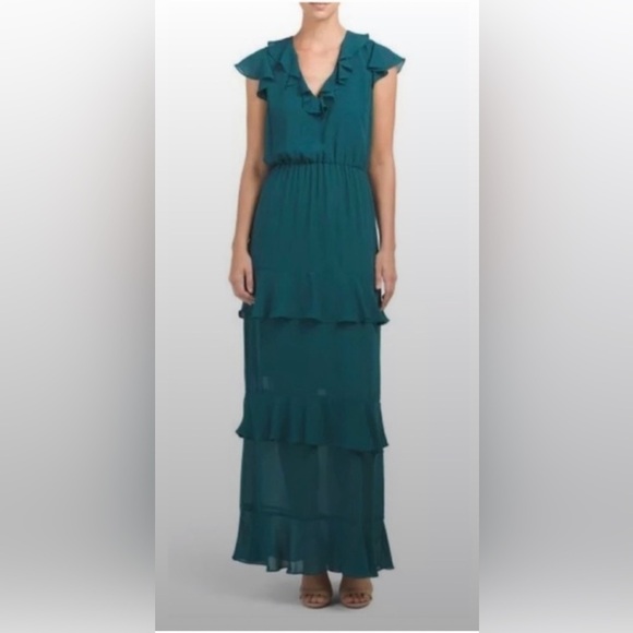 NWT WAYF Tiered Teal Green Ruffle Maxi Dress - Picture 2 of 11